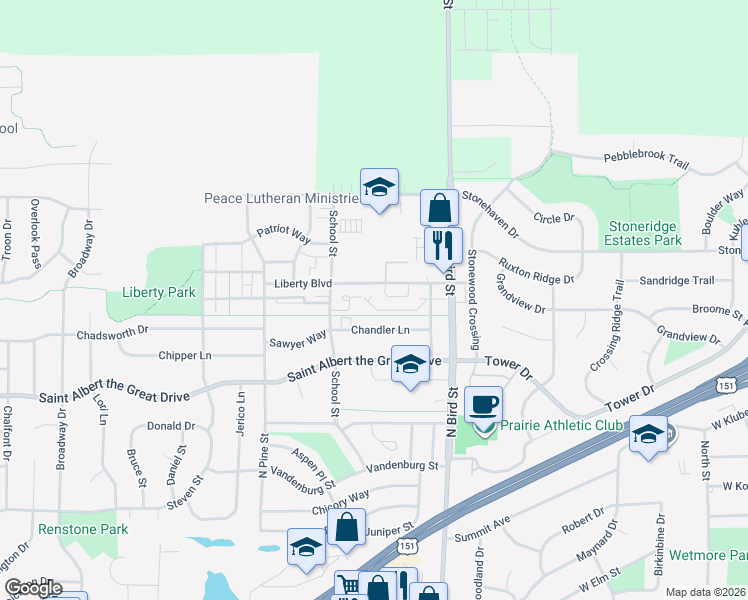 map of restaurants, bars, coffee shops, grocery stores, and more near 955 Liberty Boulevard in Sun Prairie