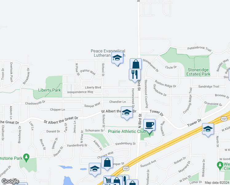 map of restaurants, bars, coffee shops, grocery stores, and more near 955 Liberty Boulevard in Sun Prairie