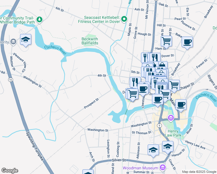 map of restaurants, bars, coffee shops, grocery stores, and more near 17 Snows Court in Dover