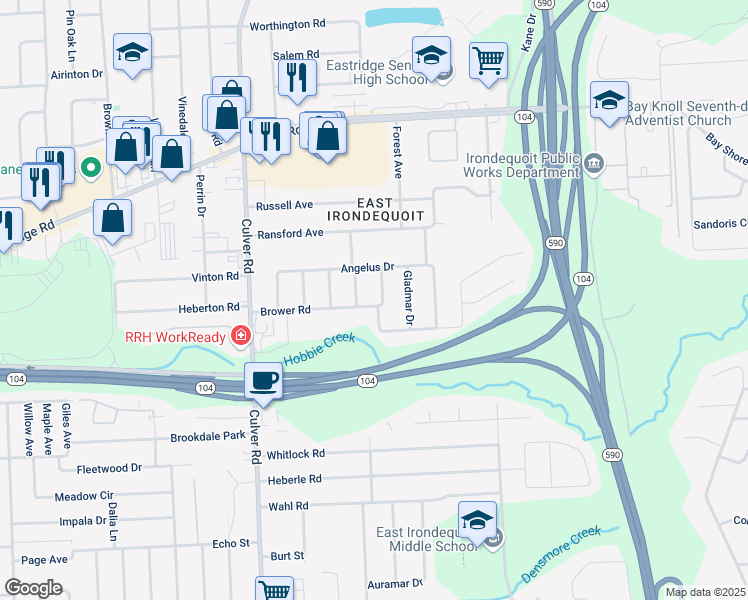 map of restaurants, bars, coffee shops, grocery stores, and more near 5 Caren Dr in Rochester
