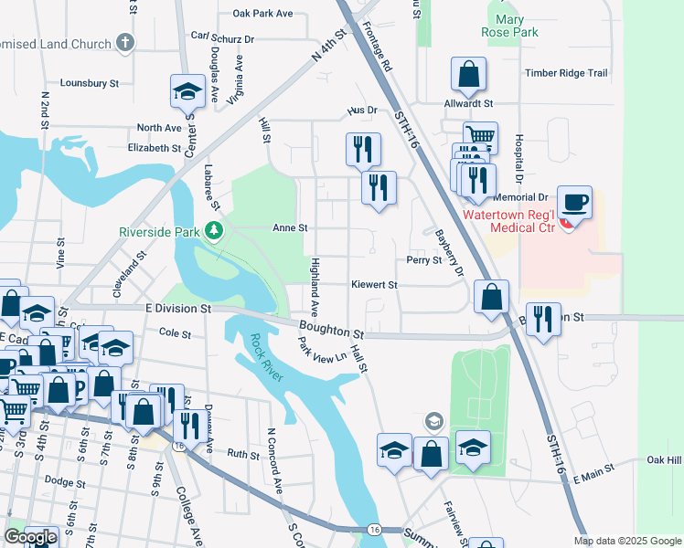 map of restaurants, bars, coffee shops, grocery stores, and more near 701 Werner Street in Watertown