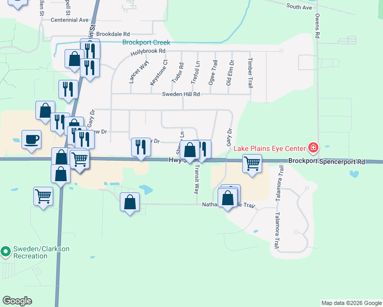 map of restaurants, bars, coffee shops, grocery stores, and more near 6280 Brockport Spencerport Road in Brockport