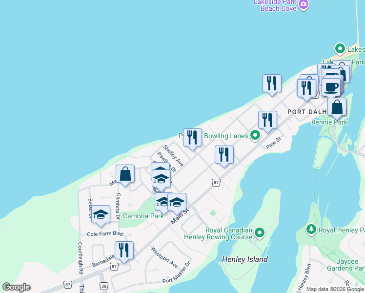 map of restaurants, bars, coffee shops, grocery stores, and more near 18 Graham Avenue in St. Catharines