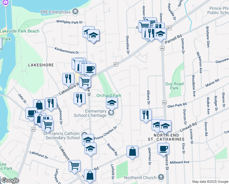 map of restaurants, bars, coffee shops, grocery stores, and more near 79 Prince Charles Drive in St. Catharines
