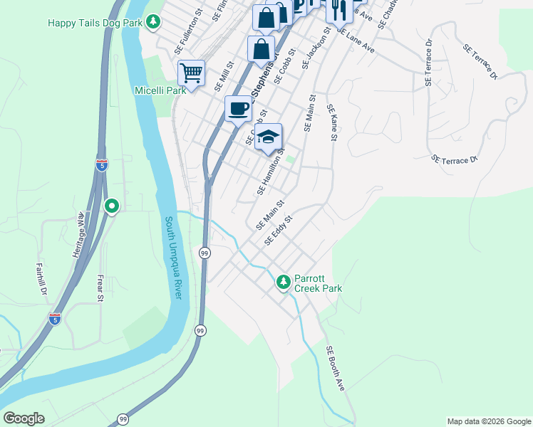map of restaurants, bars, coffee shops, grocery stores, and more near 1740 Southeast Main Street in Roseburg