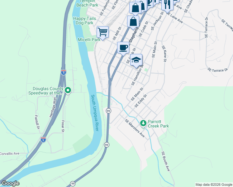 map of restaurants, bars, coffee shops, grocery stores, and more near 1772 Southeast Jackson Street in Roseburg