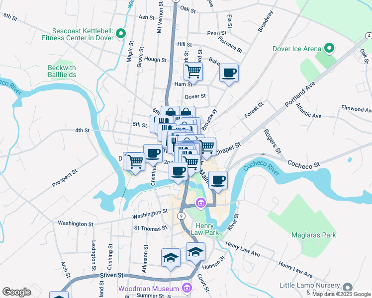 map of restaurants, bars, coffee shops, grocery stores, and more near 20a Third Street in Dover