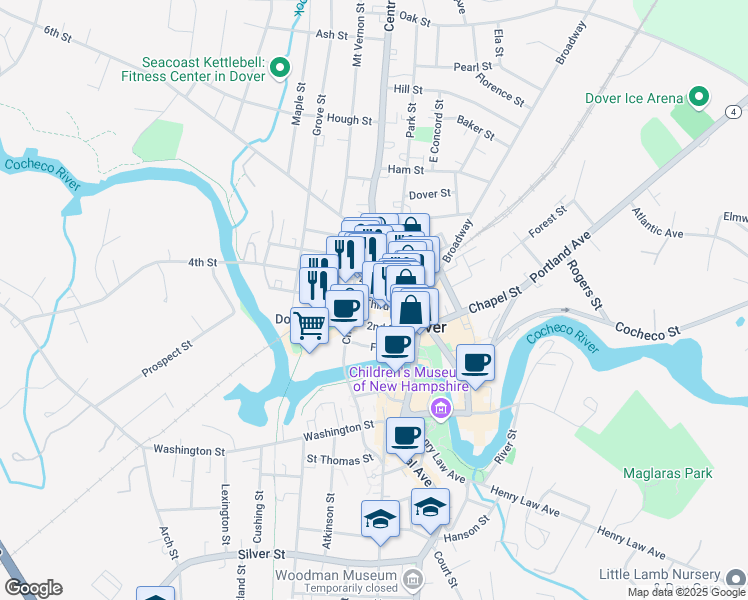 map of restaurants, bars, coffee shops, grocery stores, and more near 15 Third Street in Dover