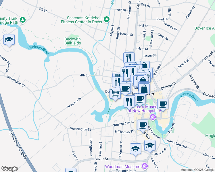 map of restaurants, bars, coffee shops, grocery stores, and more near 4 Grove Street in Dover