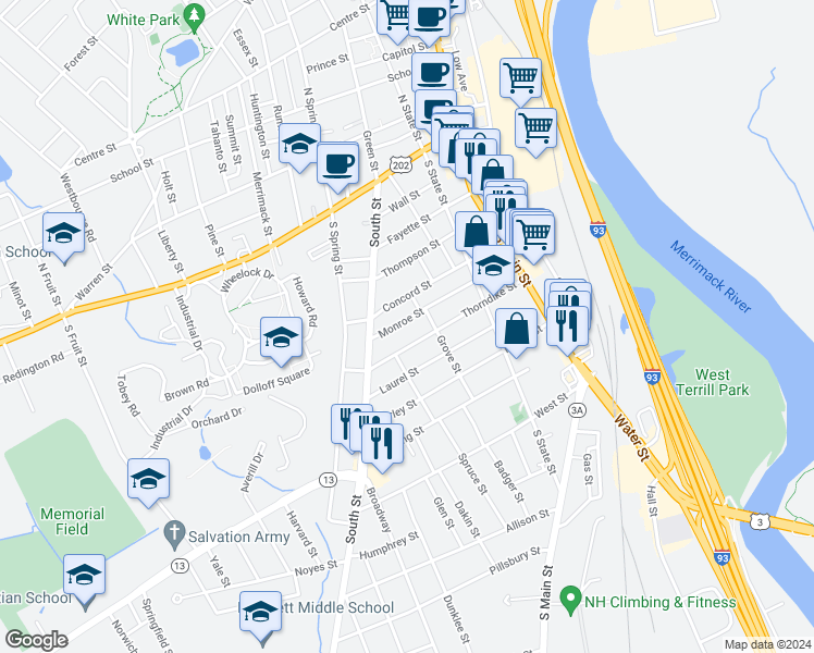map of restaurants, bars, coffee shops, grocery stores, and more near 40 Thorndike Street in Concord
