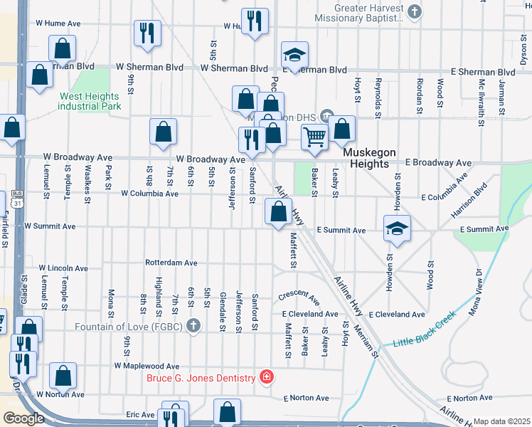 map of restaurants, bars, coffee shops, grocery stores, and more near 2928 Sanford Street in Muskegon Heights