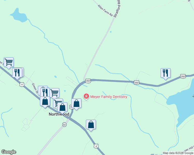 map of restaurants, bars, coffee shops, grocery stores, and more near 91 Rochester Road in Northwood