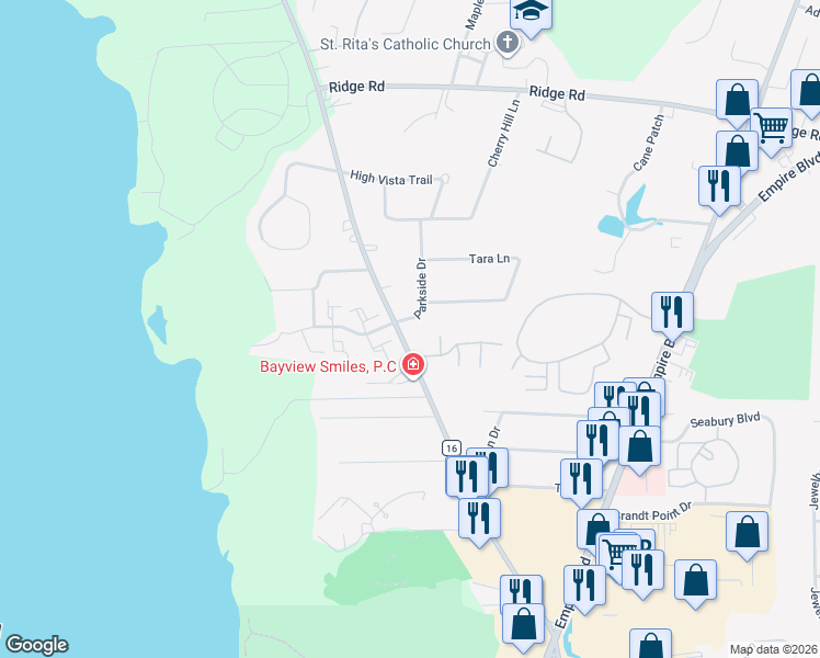 map of restaurants, bars, coffee shops, grocery stores, and more near 1126 Bay Road in Webster