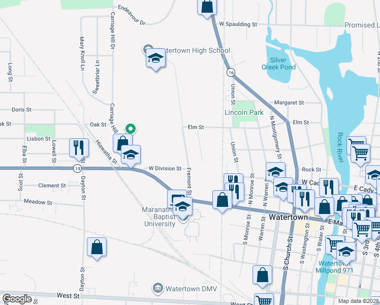 map of restaurants, bars, coffee shops, grocery stores, and more near 207 Fremont Street in Watertown