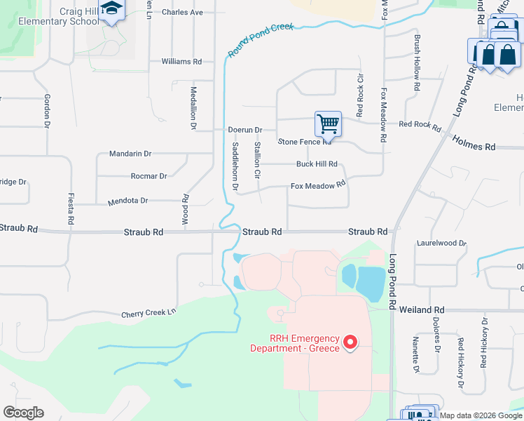 map of restaurants, bars, coffee shops, grocery stores, and more near 141 Stallion Circle in Rochester