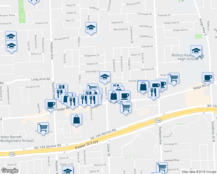 map of restaurants, bars, coffee shops, grocery stores, and more near 78 Stanton Lane in Rochester