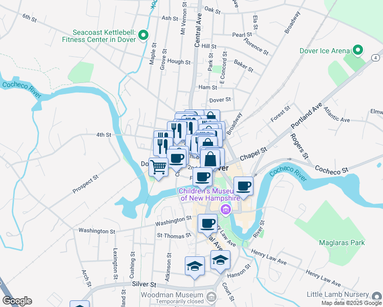 map of restaurants, bars, coffee shops, grocery stores, and more near 15 Third Street in Dover
