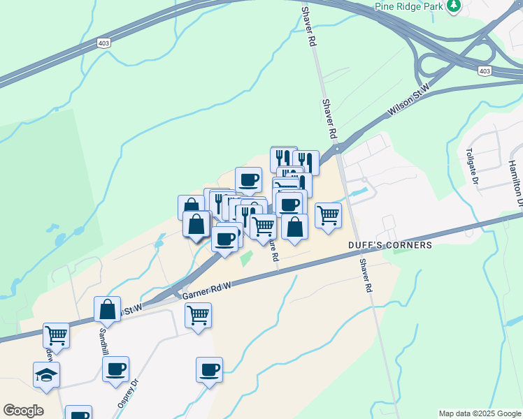 map of restaurants, bars, coffee shops, grocery stores, and more near 0 Portia Drive in Hamilton