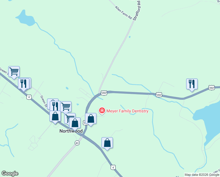 map of restaurants, bars, coffee shops, grocery stores, and more near 91 Rochester Road in Northwood
