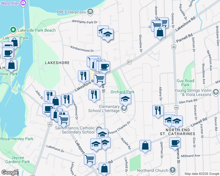 map of restaurants, bars, coffee shops, grocery stores, and more near 610 Lake Street in St. Catharines