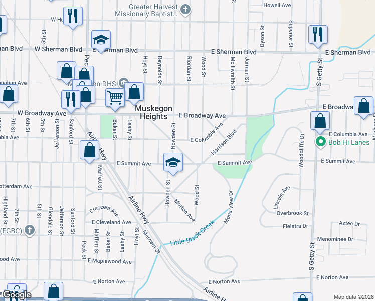 map of restaurants, bars, coffee shops, grocery stores, and more near 2925 Mason Boulevard in Muskegon Heights