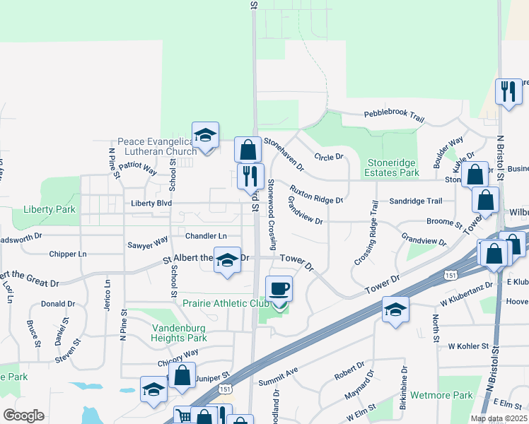 map of restaurants, bars, coffee shops, grocery stores, and more near 1174 Stonewood Crossing in Sun Prairie