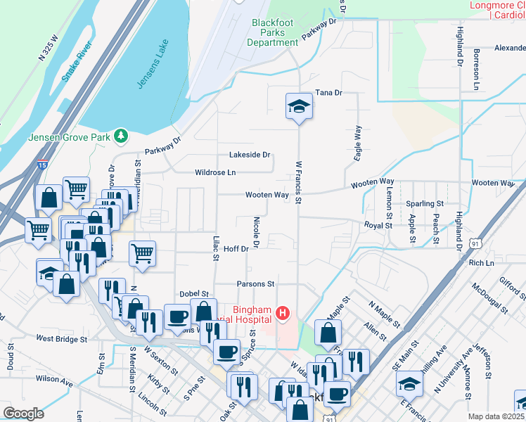 map of restaurants, bars, coffee shops, grocery stores, and more near 723 Pearl Drive in Blackfoot