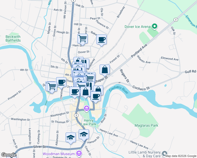 map of restaurants, bars, coffee shops, grocery stores, and more near 30 Chapel Street in Dover
