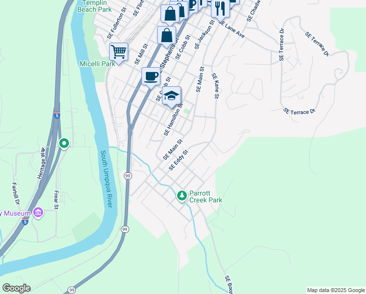 map of restaurants, bars, coffee shops, grocery stores, and more near 1628 Southeast Eddy Street in Roseburg