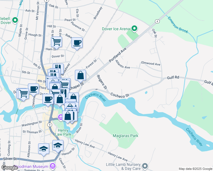 map of restaurants, bars, coffee shops, grocery stores, and more near 5 Rogers Street in Dover