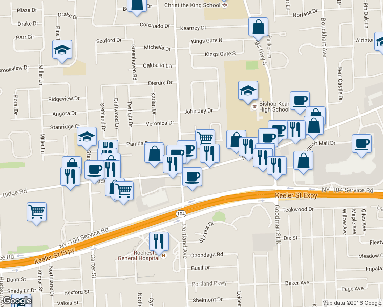map of restaurants, bars, coffee shops, grocery stores, and more near 1720 Portland Avenue in Rochester