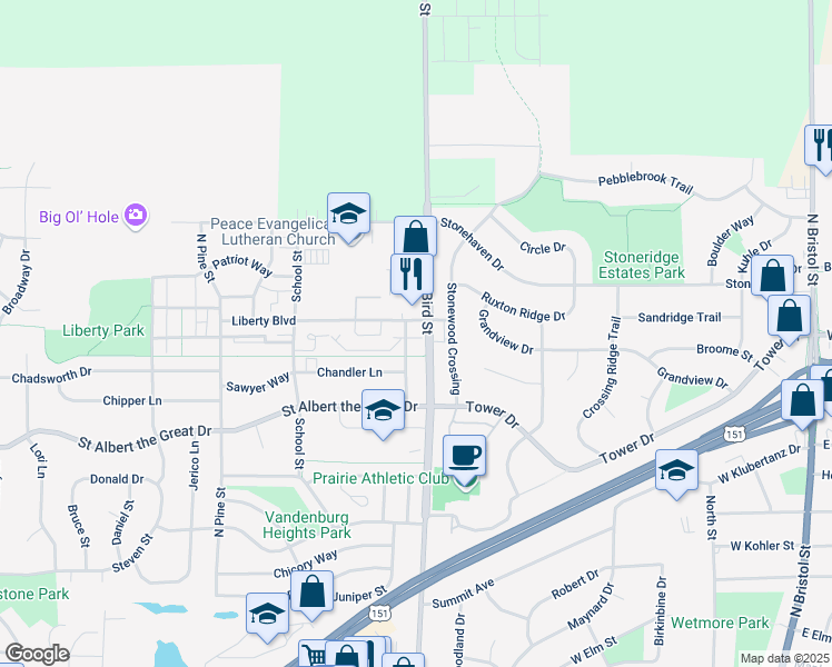 map of restaurants, bars, coffee shops, grocery stores, and more near 1215 Homestead Drive in Sun Prairie
