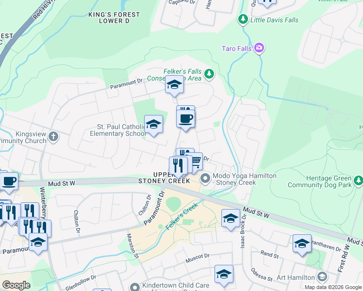 map of restaurants, bars, coffee shops, grocery stores, and more near 1050 Paramount Drive in Hamilton