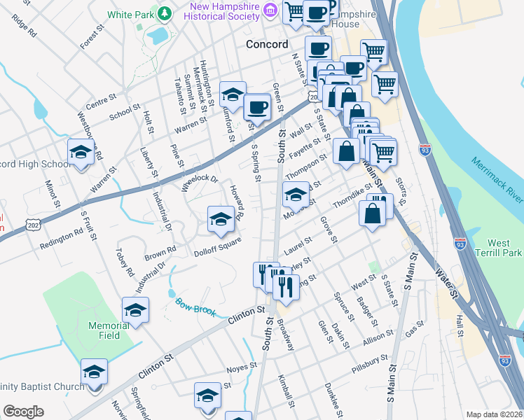 map of restaurants, bars, coffee shops, grocery stores, and more near 144 Concord Street in Concord