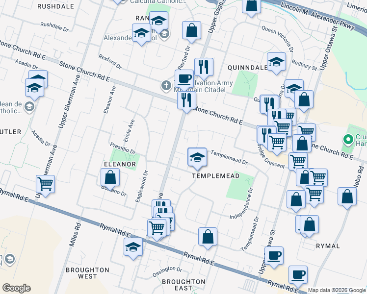 map of restaurants, bars, coffee shops, grocery stores, and more near 1461 Upper Gage Avenue in Hamilton