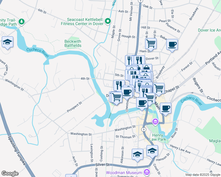 map of restaurants, bars, coffee shops, grocery stores, and more near 4 Grove Street in Dover