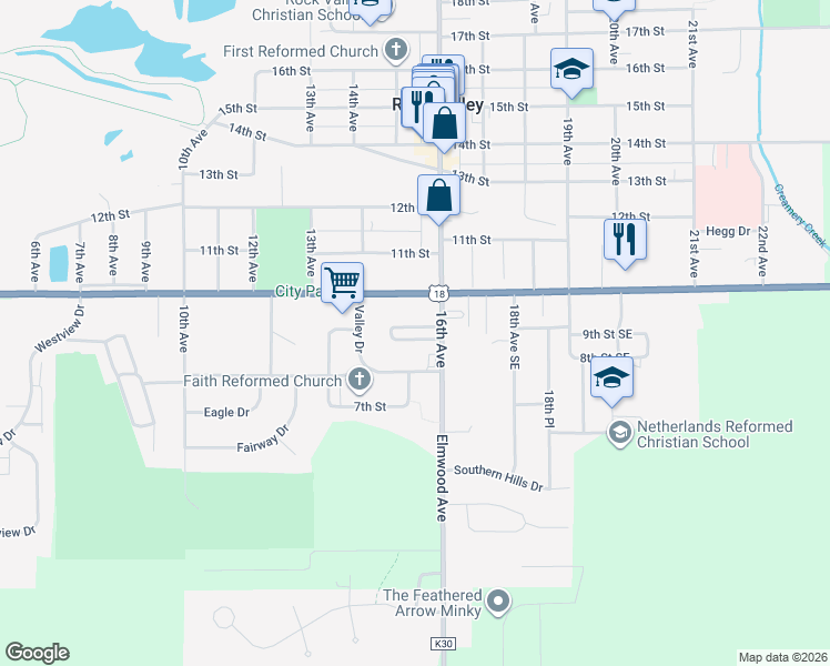 map of restaurants, bars, coffee shops, grocery stores, and more near 801-899 16th Avenue in Rock Valley