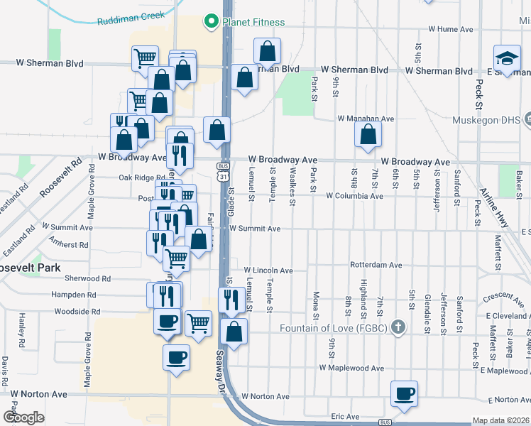 map of restaurants, bars, coffee shops, grocery stores, and more near 2929 Temple Street in Muskegon Heights