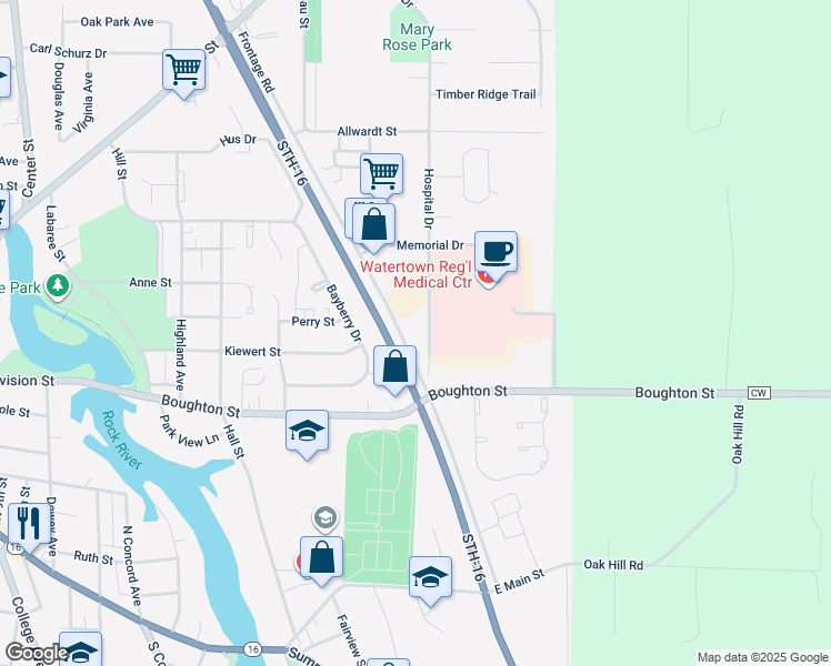 map of restaurants, bars, coffee shops, grocery stores, and more near 122 Hospital Drive in Watertown