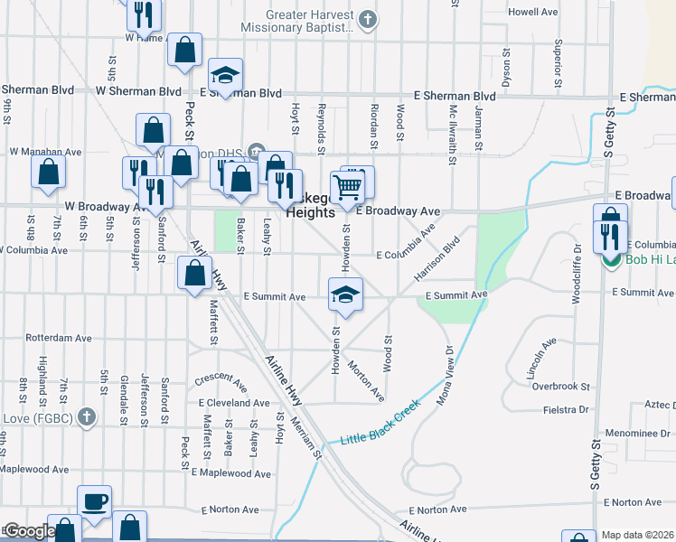 map of restaurants, bars, coffee shops, grocery stores, and more near 2925 Howden Street in Muskegon Heights