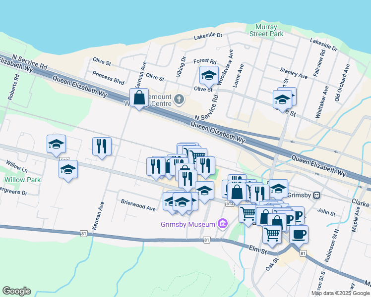 map of restaurants, bars, coffee shops, grocery stores, and more near 129 South Service Road in Grimsby