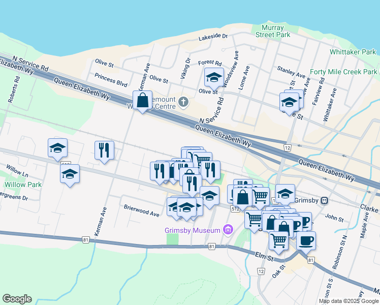 map of restaurants, bars, coffee shops, grocery stores, and more near 129 South Service Road in Grimsby