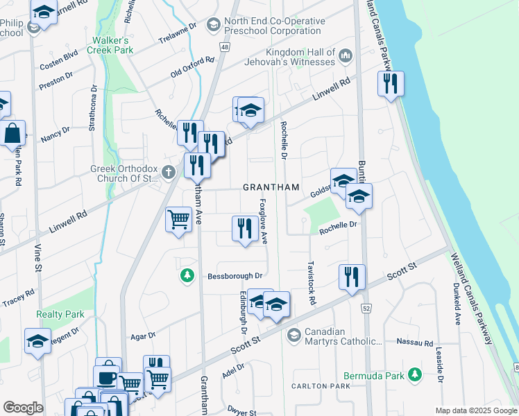 map of restaurants, bars, coffee shops, grocery stores, and more near 27 Oriole Drive in Saint Catharines
