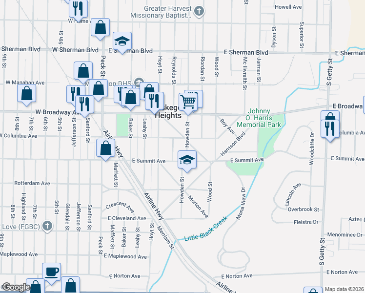 map of restaurants, bars, coffee shops, grocery stores, and more near 2913 Howden Street in Muskegon Heights