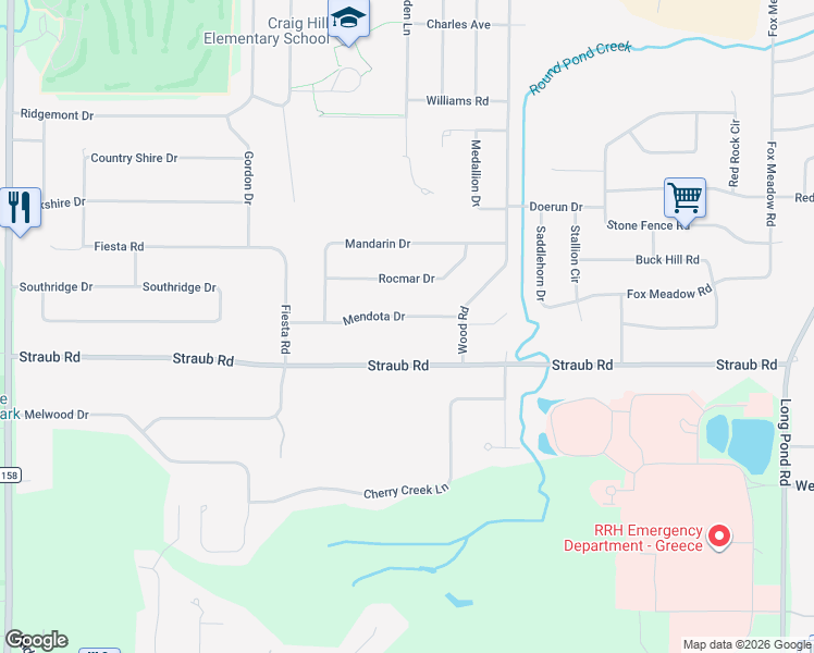 map of restaurants, bars, coffee shops, grocery stores, and more near 126 Mendota Drive in Rochester