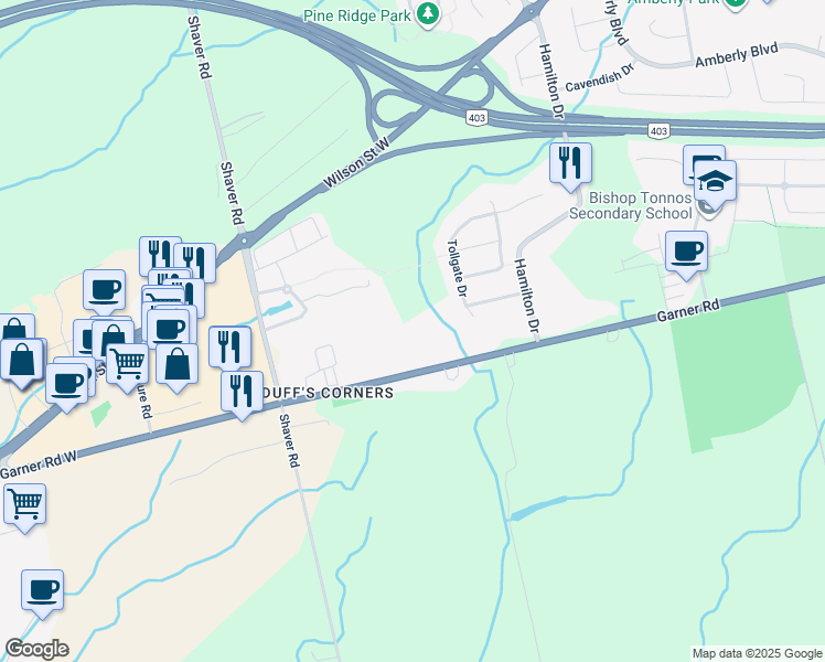 map of restaurants, bars, coffee shops, grocery stores, and more near 515 Garner Road West in Hamilton