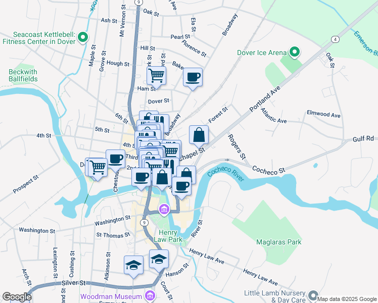 map of restaurants, bars, coffee shops, grocery stores, and more near 57 Portland Avenue in Dover