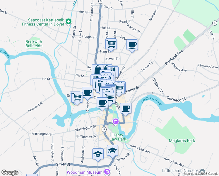 map of restaurants, bars, coffee shops, grocery stores, and more near in Dover