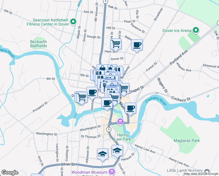 map of restaurants, bars, coffee shops, grocery stores, and more near 20a Third Street in Dover