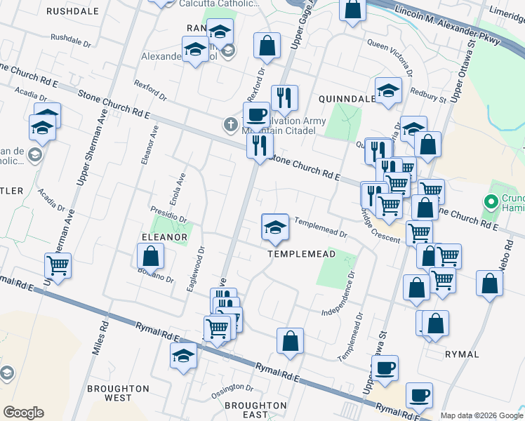 map of restaurants, bars, coffee shops, grocery stores, and more near 1461 Upper Gage Avenue in Hamilton